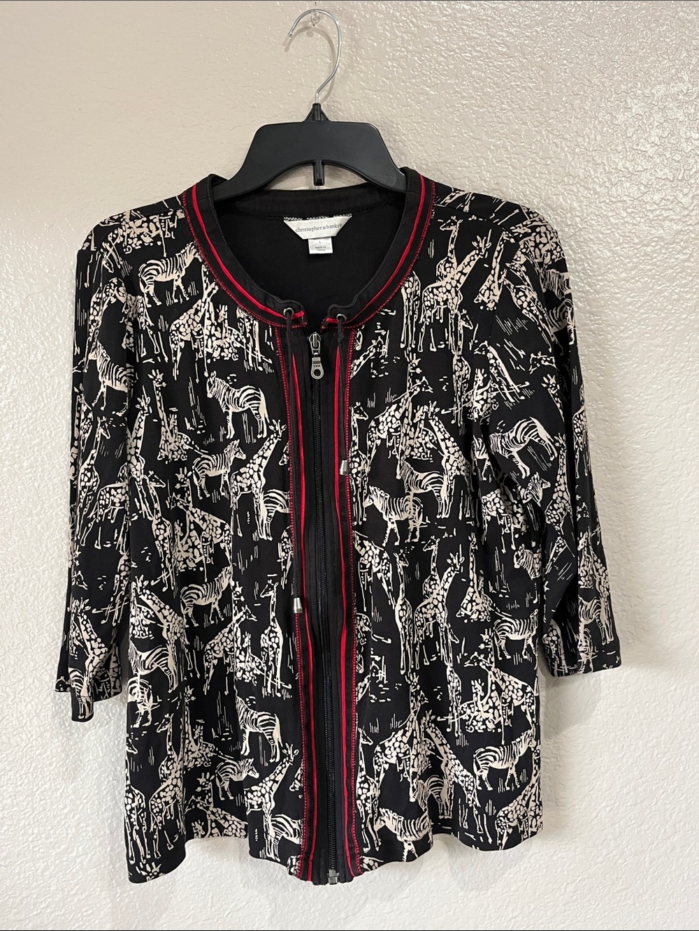 Christopher & Banks Zip Up Black Cream safari Cardigan 3/4 Sleeves TC0532